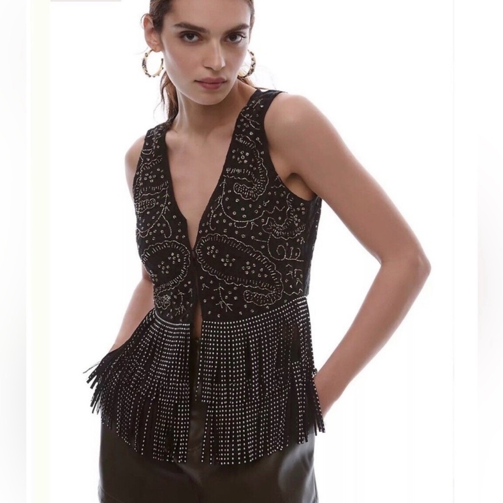 Embellished Black Fringe V-Neck Women's Top from Anthropologie